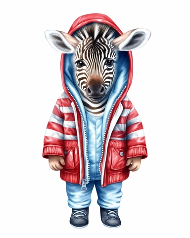 detailed watercolor Baby Zebra with jacket , hyper realistic, isolated on a white background, clipart