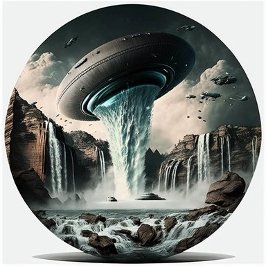 High definition disk shaped ufo crash landed on waterfall clipart