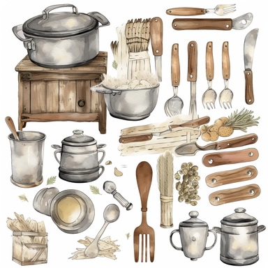 a set of farmhouse kitchen cliparts, realistic illustrations of farmhouse kitchen-themed items such as sideboards, pots and pans, baking supplies, and cooking utensils, painted in the style of watercolor sketch artist sunny parks, set on a white background, in the style of cottage core, the color palette should be muted earth tones with pops of deeper colors to make the images stand out, the composition should be a series of close-up shots, capturing the details of the pots and pans, baking supp