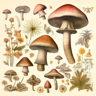Clipart, vintage, watercolor, Charles Darwin, fungi, chromista, plantae, morfologia floral, hand drawn, texture