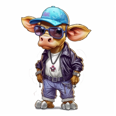 highly detailed clipart of a furry baby cow calf like person standing up wearing a baseball cap and dressed in 2000's style hip hop rapper fashion and sneakers and jewelry. child like looking furry cow. Nelly the rapper style.