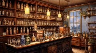 illustration, realistic interior of a vintage bengalore 1896 perfumery and pharmacy with some perfume bottle boxes incense boxes, atmospheric nighttime with ambient lamp lighting, Clipart, watercolor, realistic, full building, highly detailed, hdr, 32K, photo expert quality, watercolor realistic, hyperrealistic and highly detailed