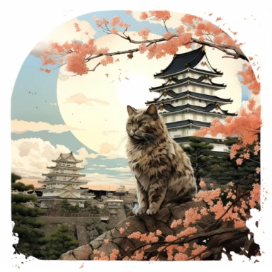cherry blossoms laden on Osaka Castle Bottom, Siamese Cat wearing a Japanese kimono, sunset. Clipart Watercolor