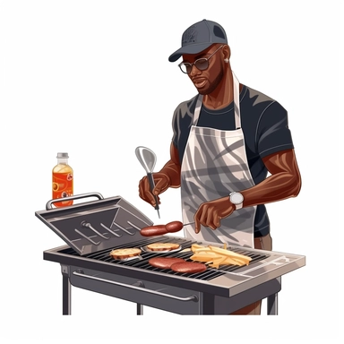 a 3D unrealistic image of a black man cooking on an outdoor grill dressed in summer clothes clipart, graphic vector, isolated on white background