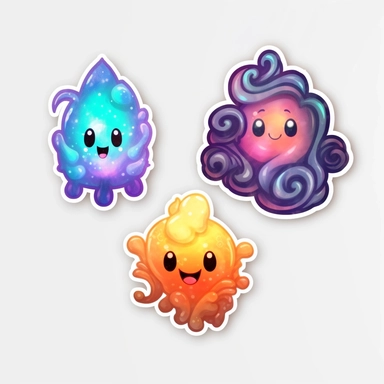 3 stickers with white background and border, emoji clipart as cute air elementals, high res, iridescent, some bioluminescent