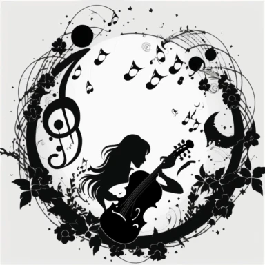 clipart representing baroque music . Beautiful, flat, cute manga style, black and white, round image borders