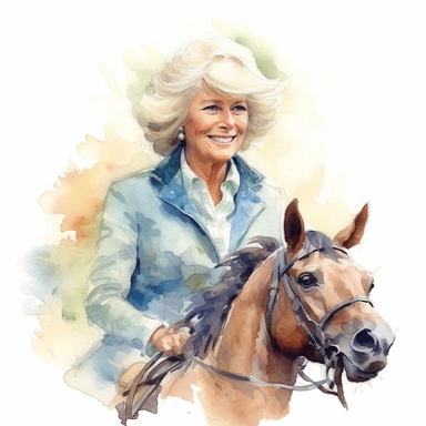 A charming portrait of Duchess Camilla enjoying a horse race, showcasing her love for equestrian sports, Clipart, watercolor, white background, intricate detail.