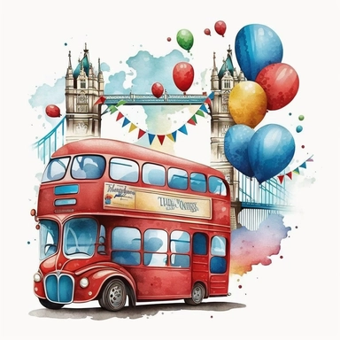 a pixar cartoon red double decker bus with rounded edges driving past perspective view of tower bridge red blue gold balloons an buntings Etsy watercolor clipart svg white background