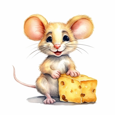 a cute mouse sitting on a cheese, full body, pencil and watercolor clipart style, cartoon style, super high quality, high resolution, isolated white background, 8k