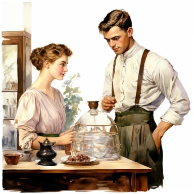 handsome young barista standing and serving coffee on the table for beautiful lady sit on a chair diaries, in style of hans zatzka, Edward Robert Hughes, hyper-realistic painting, clipart, high details, watercolor illustration, clipart, vintage theme, white background