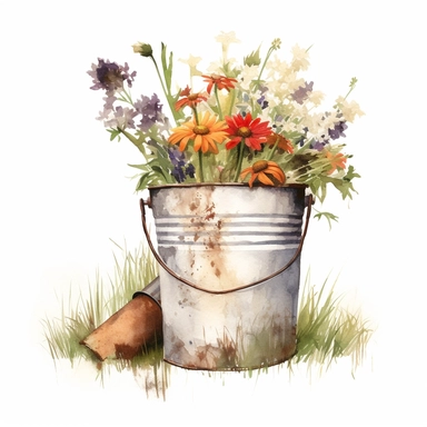 Bucket of Wildflowers Clipart, rusty, old in grass, white background