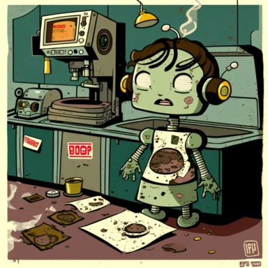 garbage pale kids format, pop surrealism digital art image of broken down, old, rusting, cartoonish, humanoid robot cooking burgers in the kitchen of a fast food restaurant. The robot is wearing tattered, McDonalds style uniform, made of human clothing. The robot is in an art style inspired by artists like Tara McPhereson, Nooligan, and Robin Eisenberg. To be used for digital clipart. Use dull, 1970's style, yellow, green, brown color scheme for the robot.