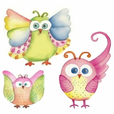 4 cute whimsical owls, simplified, doodled by a child, folk art, watercolor texture, soft brush strokes, clipart on white background, high resolution, free margins
