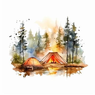 camping scene in forest watercolor style clipart on white background with margins