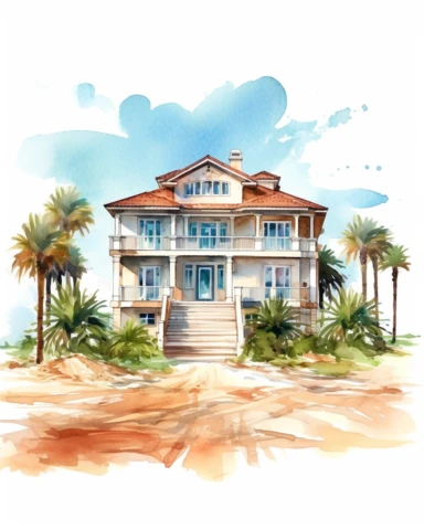 Watercolor clipart huge beach house, wide angle, long shot, realistic, isolated on white background