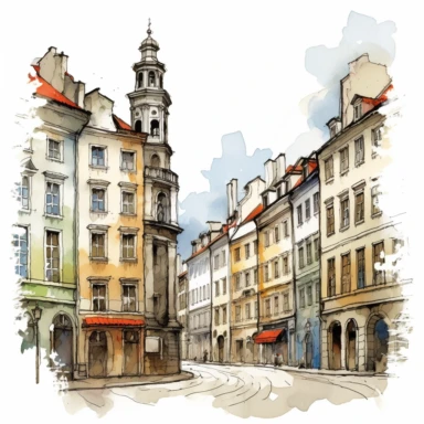 a Poland Warsaw Old Town in the style of watercolour clipart with detailed brush strokes