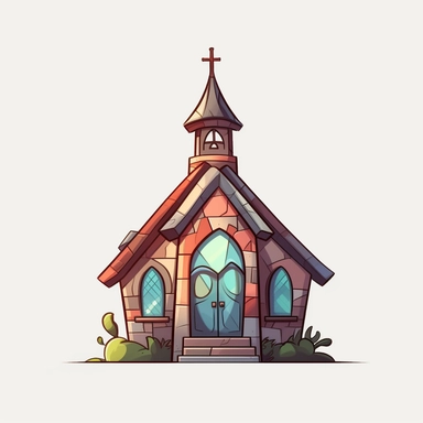 a little cartoon church, pixar, clipart, stained glass windows, cross on top, blank background, sharp lines, 8k
