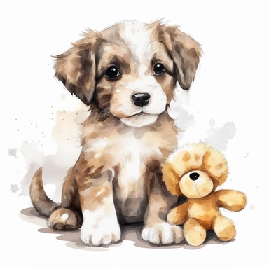 Watercolor puppy playing, with cuddly toy bone Clipart - cute puppy , Colour of brindle brown and cream, white background, vector art, high definition, clip art, ar 2:2