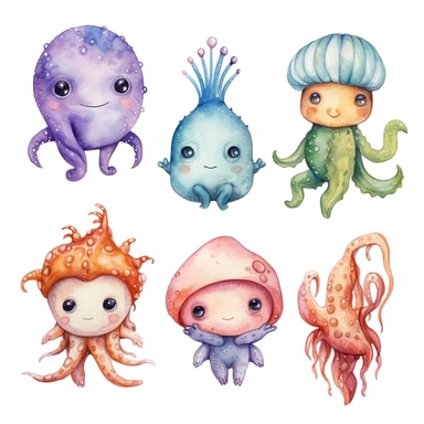 cutest little nursery sea creatures with big eyes, full body, pen and ink with watercolor, pearlescent horn, sparkles, glittery, clipart sheet, nurseycore