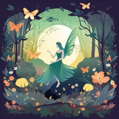A mesmerizing fairy in a mystical forest, delicate wings shimmering with iridescent colors, surrounded by glowing flowers and soft moss, Enchanted forest with ancient trees and dappled sunlight, Serene and magical atmosphere, Clipart, using flat colors and simple shapes to depict the scene