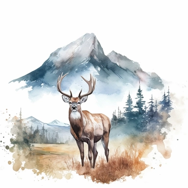 watercolor style, buck deer with the mountain forest in the back clipart, isolated on white background, hd