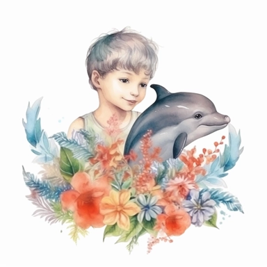 watercolor two sweet boys swimming with shells and dolphins in the sea, flowers clipart on white blackground