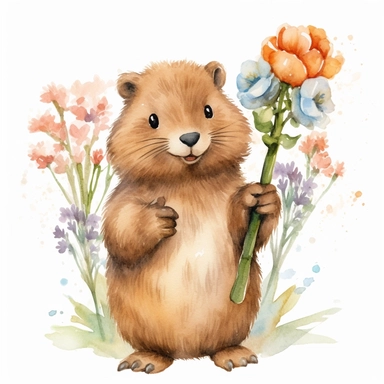 cute beaver holding a flower clipart watercolor, white backgorund