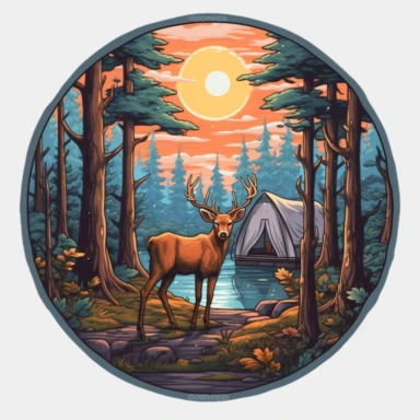 Sticker logo, featuring trees, lush foliage, and woodland creatures like deer or squirrels, capturing the essence of camping in nature, on transparent background free clipart, in the style of digital painting and drawing, 2d game art, scoutcore, anime-influenced, cabincore, high resolution, light sky-blue and dark maroon