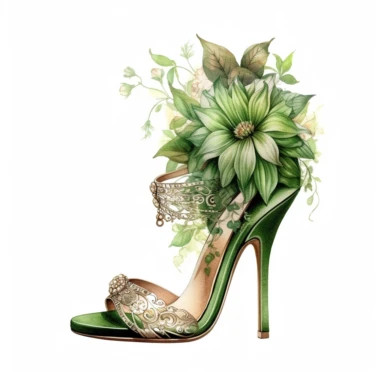 watercolor clipart of vintage green high heel shoes, floral, color pencil drawing, nice composition, vector, outline, isolated white background, 16k