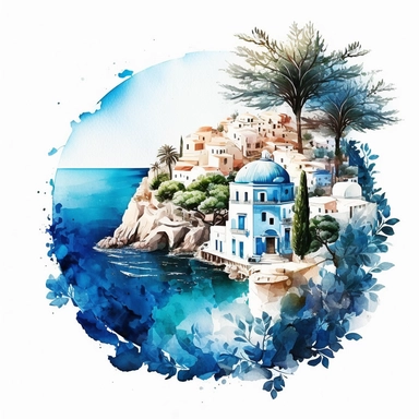 beautiful watercolor clipart of a Mediterranean scene with white village houses and the seascape, summer blue and white, compositions on an isolated white background. Bright landscapes illustrations, highly detailed