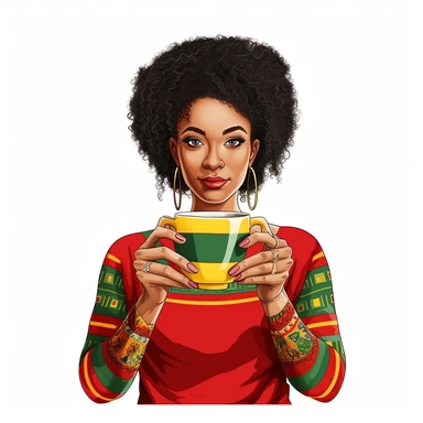 Juneteenth style,super cute black woman two hands holding teacup, showing perfectly red ,yellow and green nails in Juneteenth style,Drawing & Illustration, 8k,hd,clipart,white background