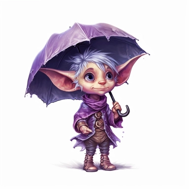 Cute Adorable magical little Elf with big pointed ears holds a umbrella in his hand wears a raincape and stand in the rain on a country road, clipart, photorealistic illustration, watercolor, high detail, 8k polished, 8k, vibrant colors, sticker, majestic, die cut, black and purple color, white background