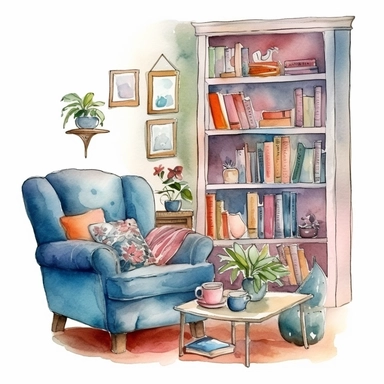 watercolored clipart,a cozy reading corner with a comfortable armchair, a bookshelf and a cup of Coffee