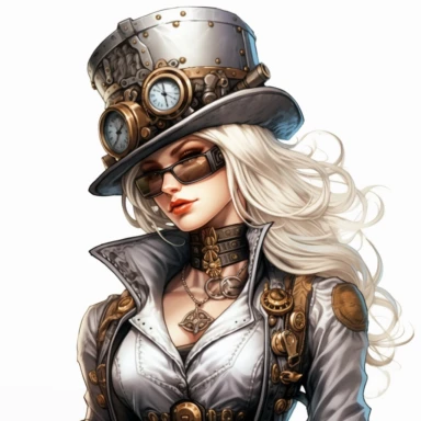 Solid white background. Waist-up illustration of a confident steampunk lady, her direct gaze and an assertive smile reflecting her strong personality. Her porcelain skin and platinum blonde hair enhance her silver and bronze outfit, embodying Victorian sophistication and industrial aesthetics. Her hat, complete with built-in goggles, adds to her ensemble. No steampunk elements are visible in the backdrop. Pastel clipart, hyper-realistic, retro-futurism, solid white background