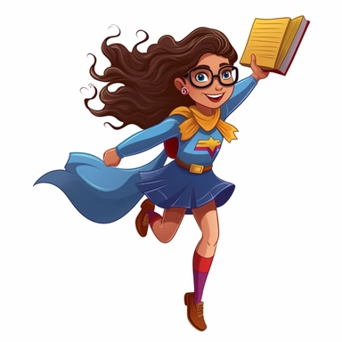 Young girl, 7 years old, dressed like a superhero, flying like superman and holding school books, flying, school in background, vector style graphic, positive vibe, clipart, single design, white background