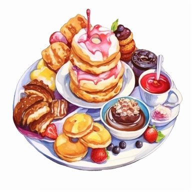 watercolor dessert dish with cakes, candy, and other treats, in the style of realistic watercolors, cartoon mis-en-scene, colorful still lifes, wimmelbilder, purism, nikon af600, mural painting Clipart desert cartoon t-shirt graphic, vector,contour, isolated on a white background