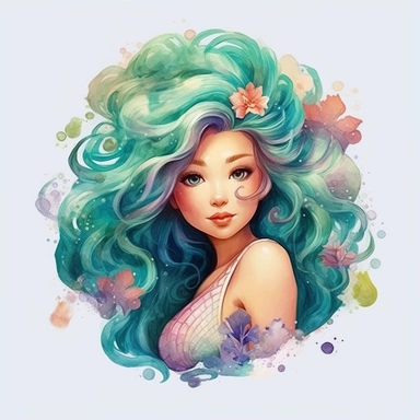 Watercolour animated fairytale whimsical beautiful mermaid pastel hair Disney inspired beautifully detailed perfect facial features PNG image,ultra highly detailed, 18k, sharp focus, bright photo with rich colours digitally enhanced, enhanced graphics, straight, sharp focus, bright lighting, intricate detailed png image ,high definition,300dpi,graphic clipart,computer graphics