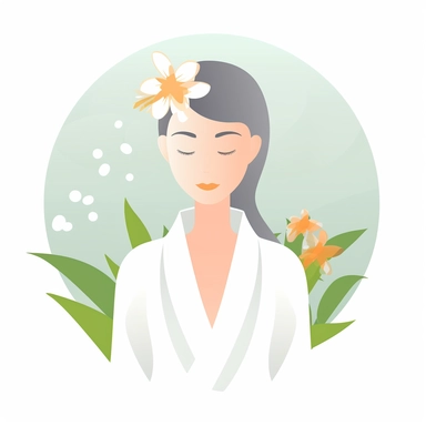 A clipart image of a girl in a white spa robe is isolated on a white background. She is depicted in a relaxed and serene pose, evoking the peaceful atmosphere of a spa. The white spa robe suggests purity and cleanliness, highlighting the hygienic and rejuvenating benefits of spa treatments. The clipart can be used in various contexts, such as on a website, brochure or flyer, to promote a spa or wellness center