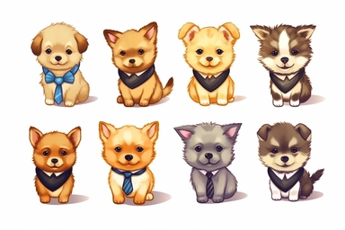 9 sets of a cute baby puppies Munchkin, smile,round face,round head,Wearing a tie,different poses,different breeds, clipart, isolated on white background, spaced out,