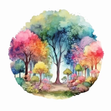 magical watercolor forest clipart, where fantasy and watercolor artistry intertwine. The forest comes to life with a kaleidoscope of vibrant colors, as if painted by the brush of a master artist. The trees, with their intricate details and whimsical foliage, create a backdrop of enchantment, white background, 4k