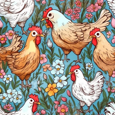 individual chickens with wildflowers, clipart, illustration, colorful sketch, vector