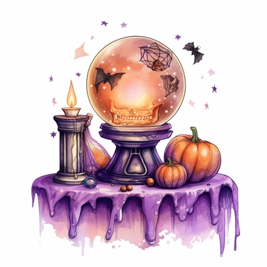 hand drawn glowing crystal ball sitting on a table with crystals, tarot cards, a wand, candles and a pumpkin, Halloween, purple and orange shades,fantasy, glamorous, , clipart style, detailed and realistic, watercolor, white background with margins