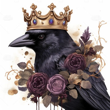 Idyllic watercolor and ink clipart of dark gothic dark moody dark moody burgundy, black and purple rose flowers with poison thorns, black raven wearing a small ornate golden crown on its head, with gold accent, isolated on a white background, dark moody c