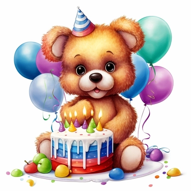 clipart, cute teddy bear big eyes with birthday cake and balloons, realistic, rainbow, white background