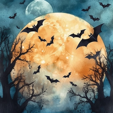 full moon and bats flying in the sky, halloween, clipart, watercolor style--q2--v5.1--s1000