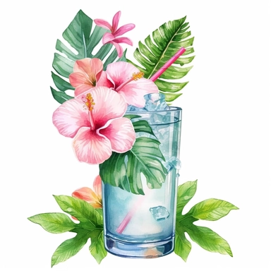 Pastel Cute Beautiful Hawaii Drinking tropical flower Watercolor Sublimation Clipart,Cartoon, hyper realistic, intricate detail, illustration style,high solution,on the white background