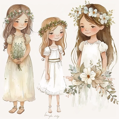 * cliparts cute high resolution girls using white first communion dress props, soft colors boho minimalism, hight resolution watercolor hand painted