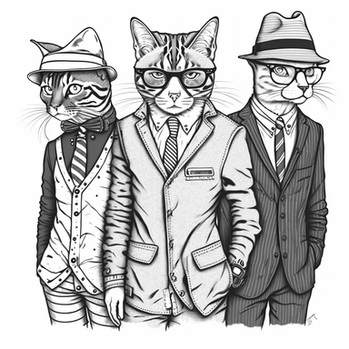 Hand drawn, Pencil sketch, black and white, Line art, coloring pages for adults, Printable outline art, thin lines, Intricate details, crisp lines, Highly detailed, Illustration, Digital art vector Clip art, Detailed, grayscale, hand drawn, art, Charcoal sketch, 3 cats wearing suits, hats, eyeglasses, ski mask, rob, word tuna fish cans, canned goods, robbers, 1 grocery store aisle, adult coloring page, printable, details, line art, thick lines, guns, grasping baseball bats