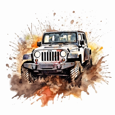 Realistic illustration of a 4 door rubicon Jeep wrangler 2013, silver body with black top, driving up a muddy hill, watercolor style, clipart style on white background, 8k, hyper realistic paint with splashes