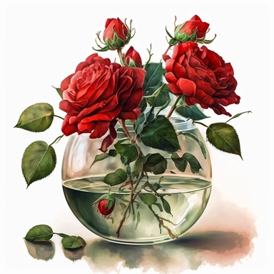 A few redroses in a clear vase with a little bit of water, floral, watercolour, clipart